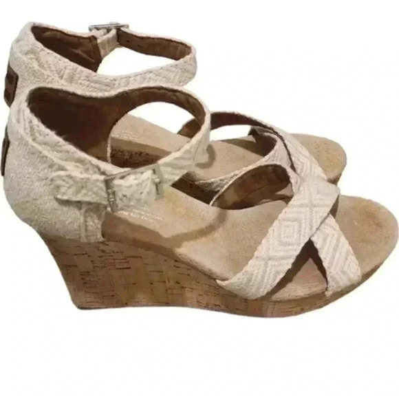 TOM'S Sienna Wedge Sandal Cork Sole Cream Beige Tan Espadrille Women's size 8.5 - Picture 4 of 11